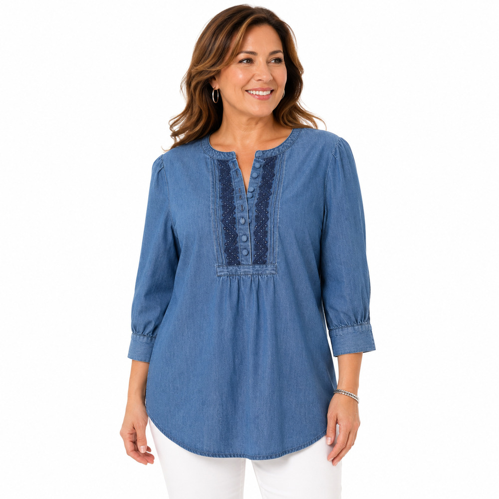Chicos Chambray Blue 3/4 Sleeve Embroidered Tunic Top Blouse Denim sz 1 / M